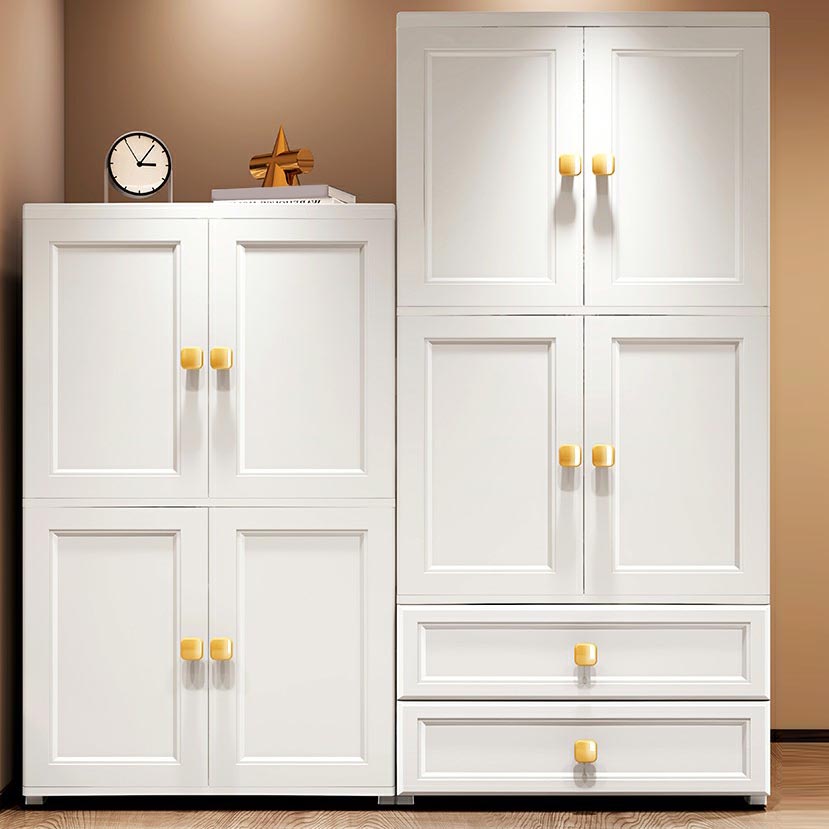 White Plastic Armoire, 2-Door Wardrobe With 2-Drawers and Clothing Rod