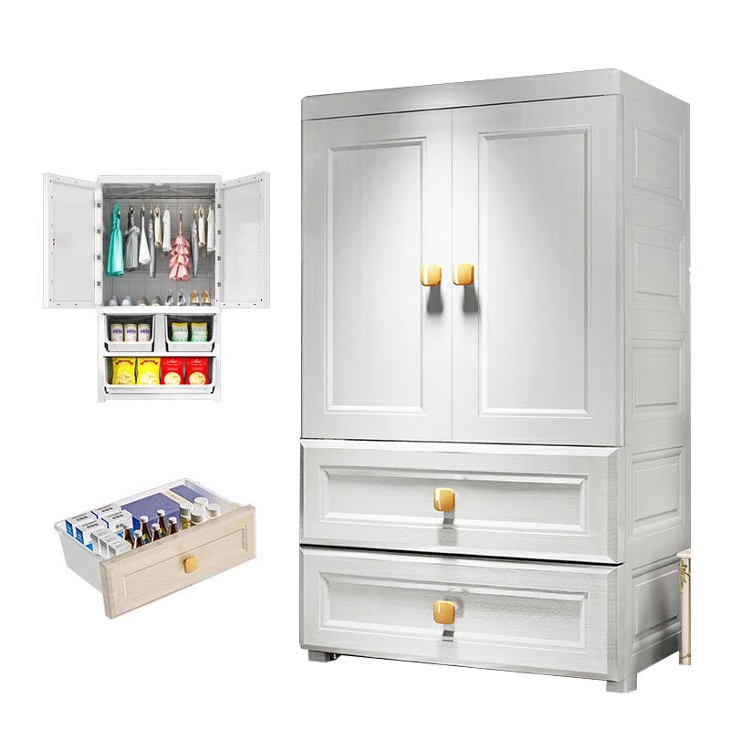 White Plastic Armoire, 2-Door Wardrobe With 2-Drawers and Clothing Rod