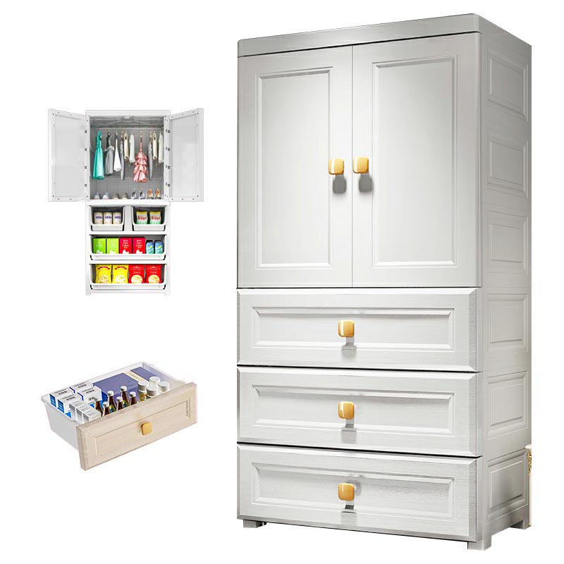 White Plastic Armoire, 2-Door Wardrobe With 2-Drawers and Clothing Rod