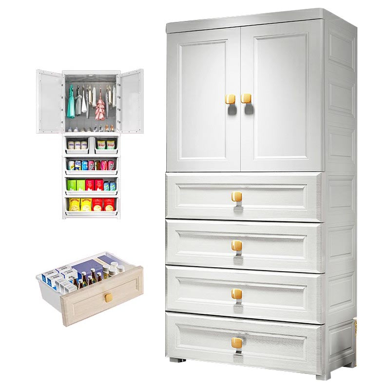 White Plastic Armoire, 2-Door Wardrobe With 2-Drawers and Clothing Rod