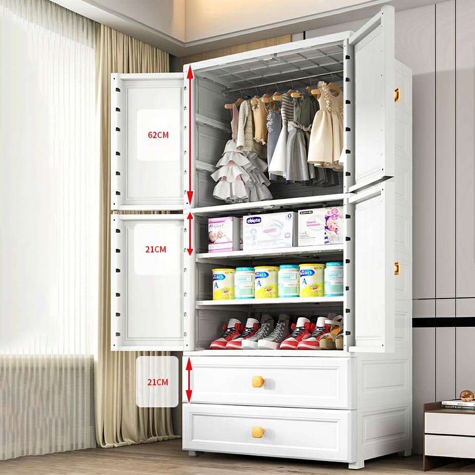 White Plastic Armoire, 2-Door Wardrobe With 2-Drawers and Clothing Rod