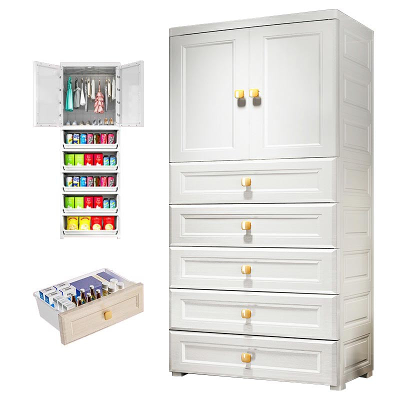 White Plastic Armoire, 2-Door Wardrobe With 2-Drawers and Clothing Rod