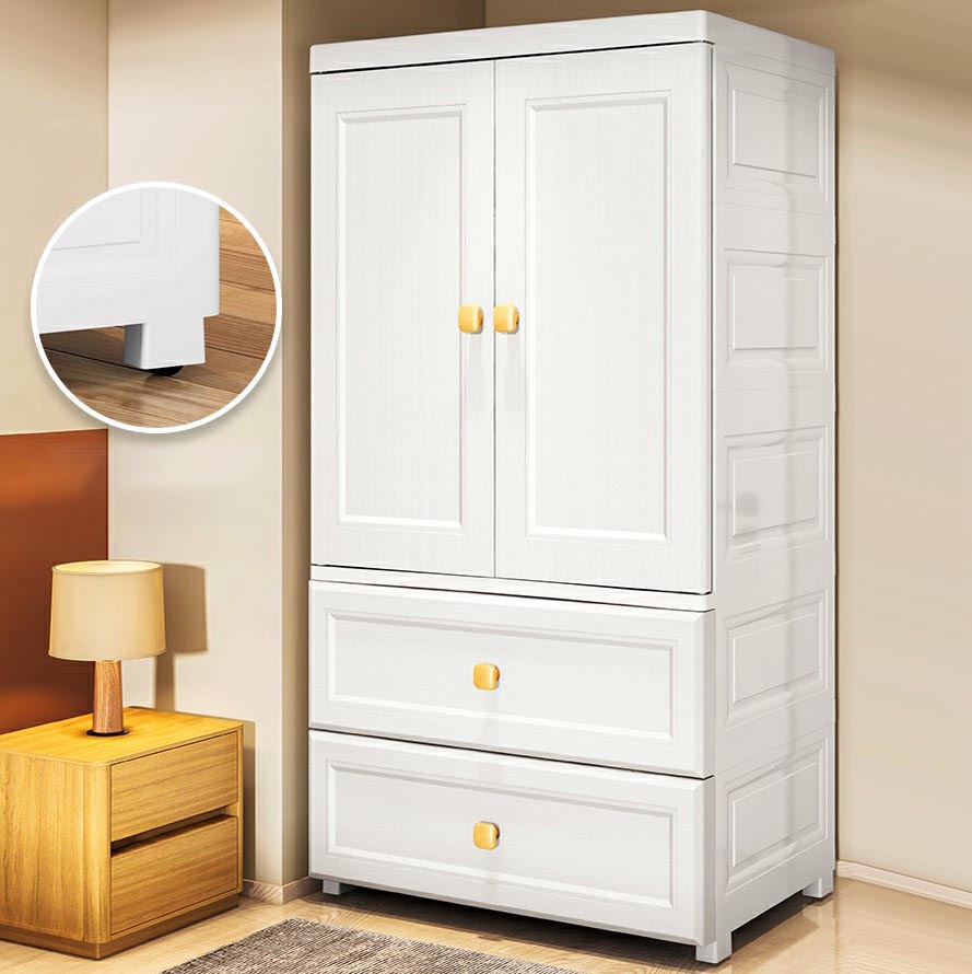 White Plastic Armoire, 2-Door Wardrobe With 2-Drawers and Clothing Rod
