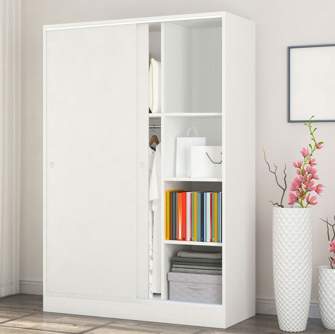 White Wood Double Door Industrial Wardrobe 5 Shelves Cabinet