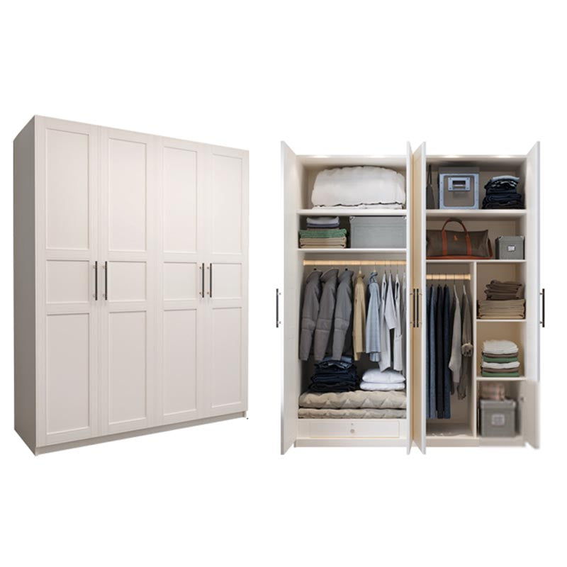 White Wood Wardrobe Cabinet With Drawers and Clothes Hanging Rod Storage Armoire