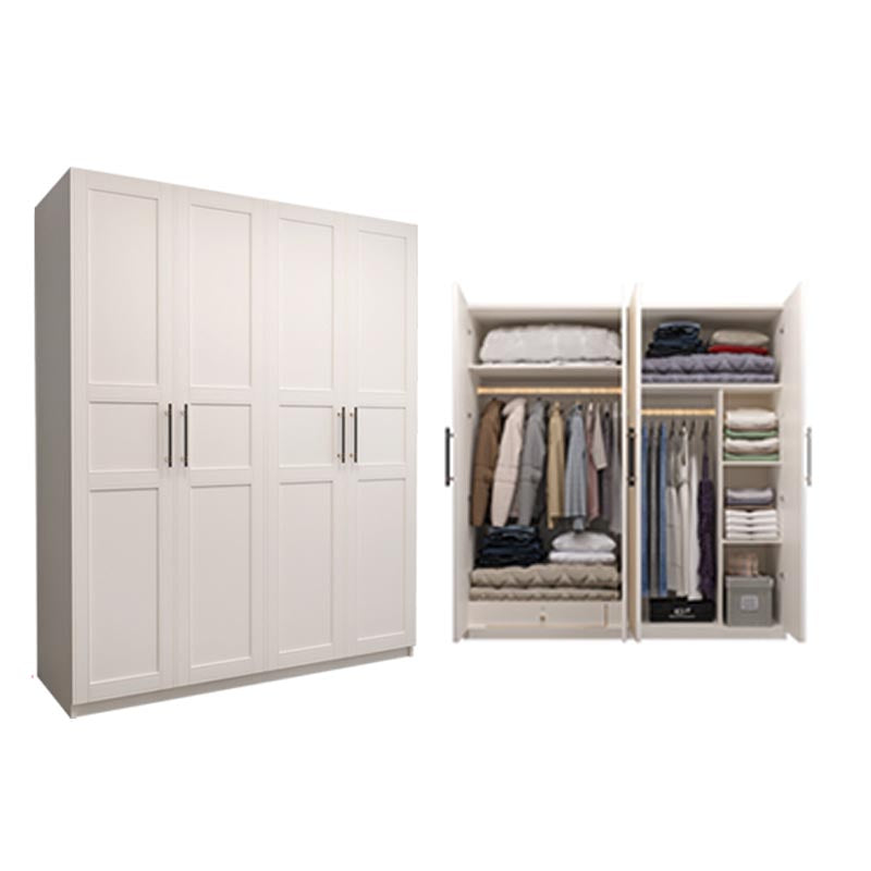 White Wood Wardrobe Cabinet With Drawers and Clothes Hanging Rod Storage Armoire