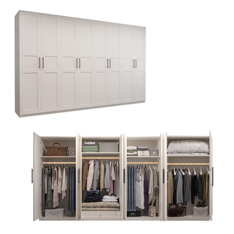 White Wood Wardrobe Cabinet With Drawers and Clothes Hanging Rod Storage Armoire