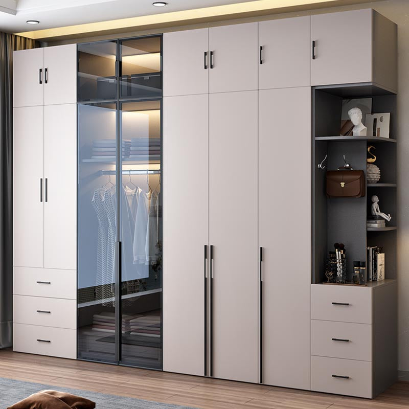 White Modern Armoire Engineered Wood Grand Wardrobe with Drawers and Hanging Rod