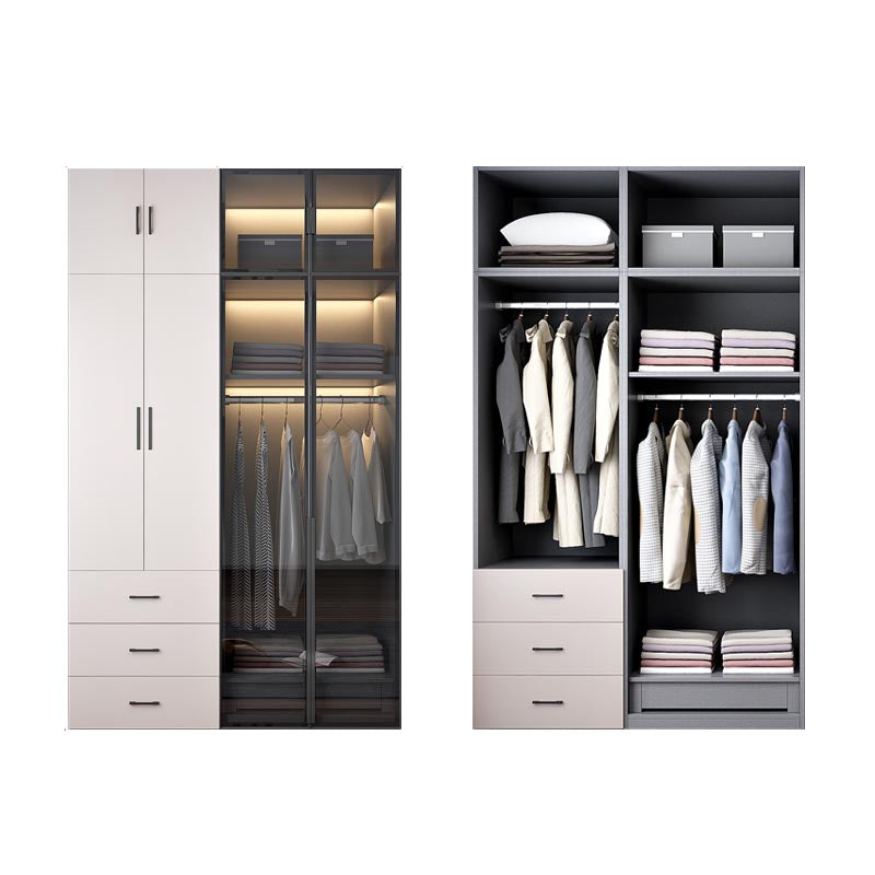 White Modern Armoire Engineered Wood Grand Wardrobe with Drawers and Hanging Rod