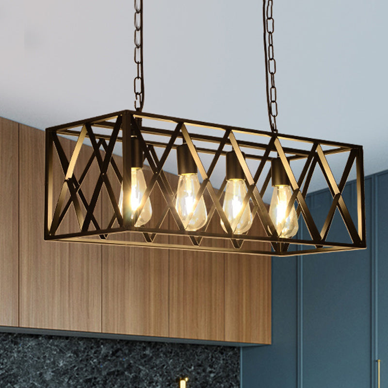 Rectangular Shape Pendant Light Modern Style Metal 4/6 Lights Hanging Lamp in Black