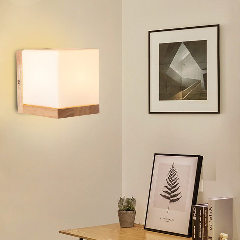 Wood Sqaure Shape Wall Sconce Modern Style 1 Light Wall Light Fixture in Brown