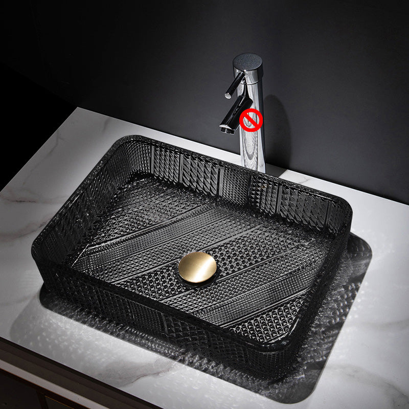 Contemporary Bathroom Sink Pop-Up Drain Glass Solid Color Rectangular Vessel Sink