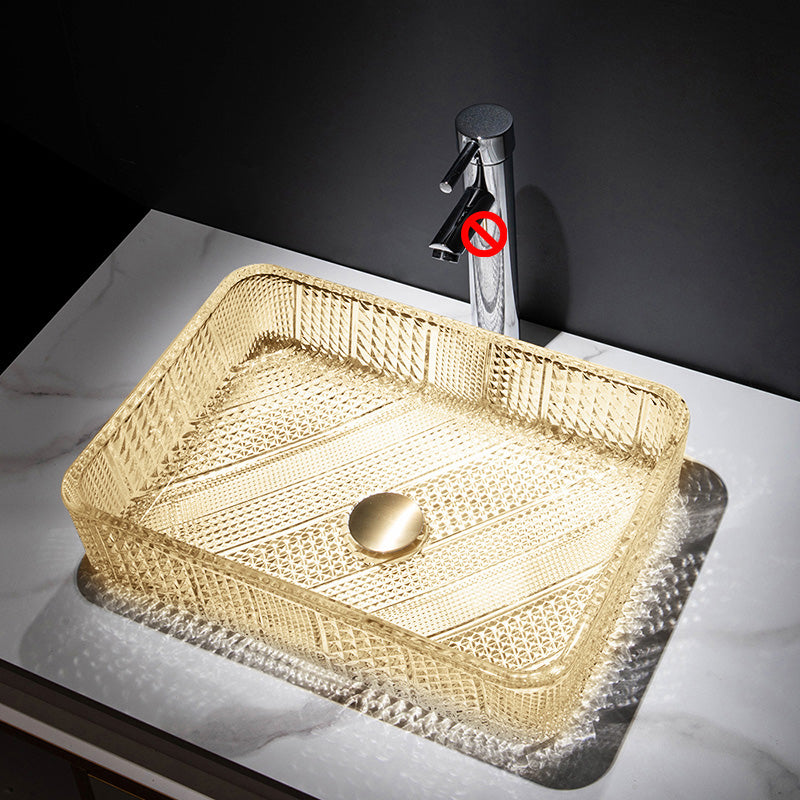 Contemporary Bathroom Sink Pop-Up Drain Glass Solid Color Rectangular Vessel Sink