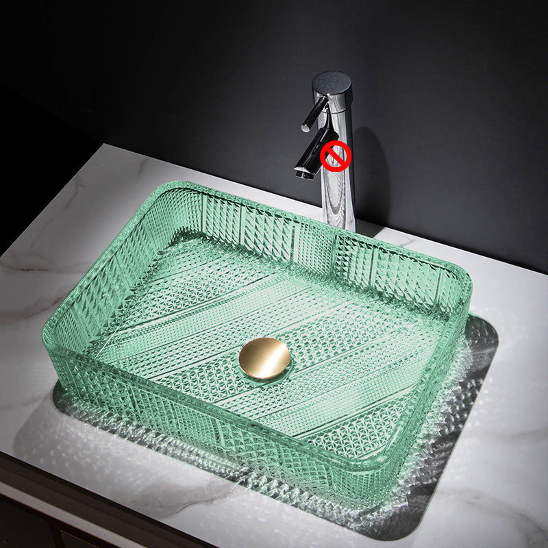 Contemporary Bathroom Sink Pop-Up Drain Glass Solid Color Rectangular Vessel Sink
