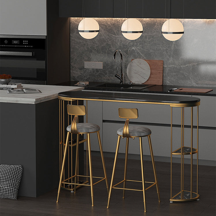 Oval Sintered Stone Bar Table Metal Base Dining Table with Storage Shelves