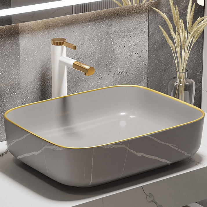 Modern Bathroom Sink Porcelain Pop-Up Drain Rectangular Vessel Bathroom Sink