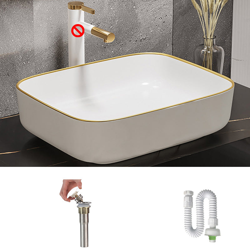 Modern Bathroom Sink Porcelain Pop-Up Drain Rectangular Vessel Bathroom Sink
