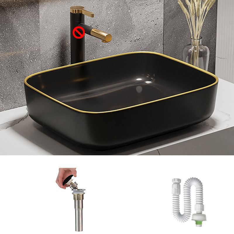 Modern Bathroom Sink Porcelain Pop-Up Drain Rectangular Vessel Bathroom Sink