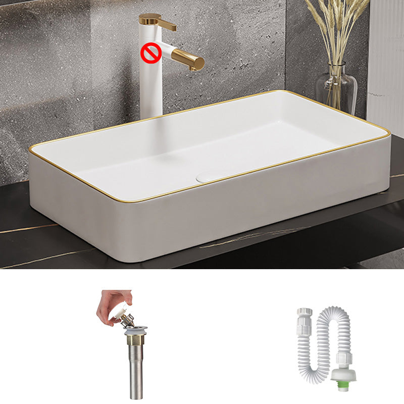 Modern Bathroom Sink Porcelain Pop-Up Drain Rectangular Vessel Bathroom Sink