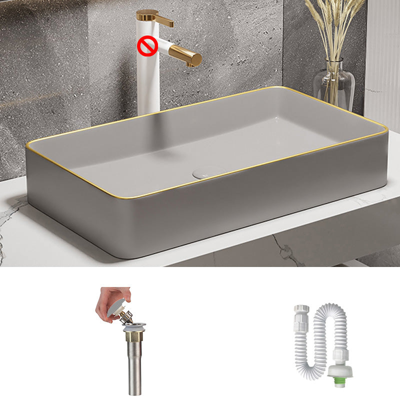 Modern Bathroom Sink Porcelain Pop-Up Drain Rectangular Vessel Bathroom Sink