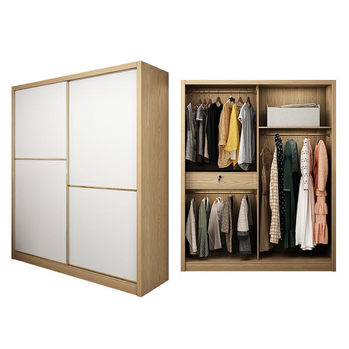 2 Door Clothes Rail Wardrobe Engineered Wood Industrial ArmoireLight Wood Finish