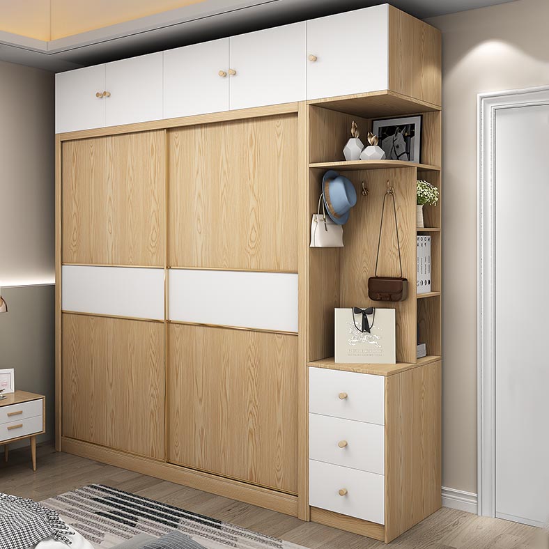 2 Door Clothes Rail Wardrobe Engineered Wood Industrial ArmoireLight Wood Finish