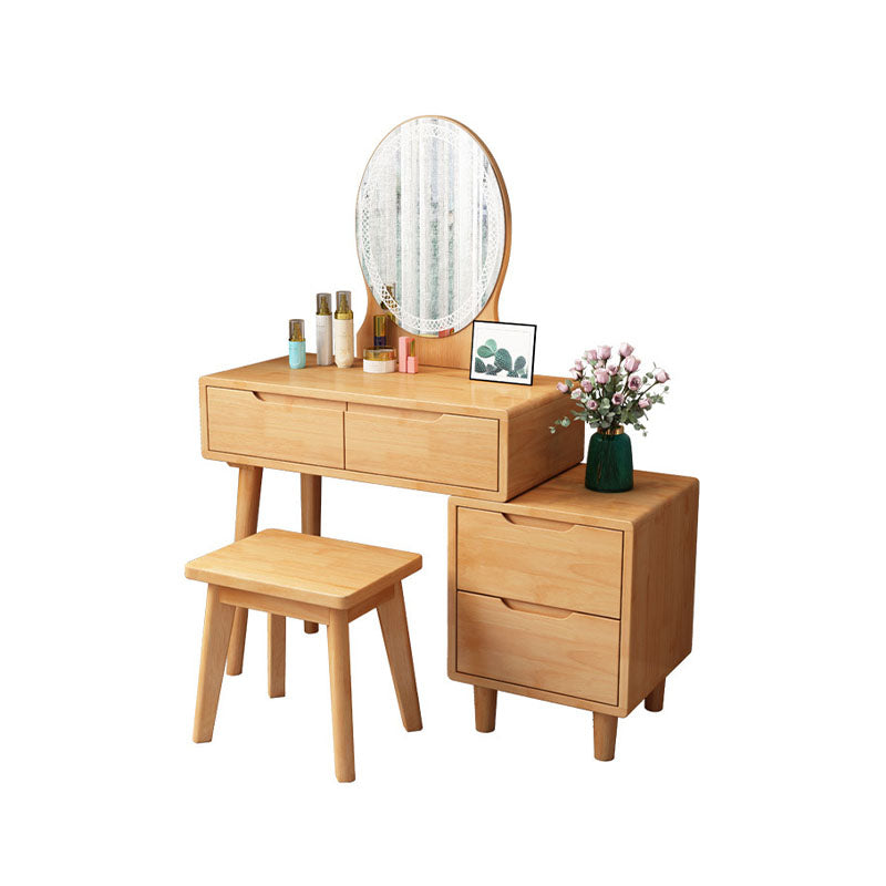 Scandinavian Rubberwood Vanity Table with Stool and 4 Drawers
