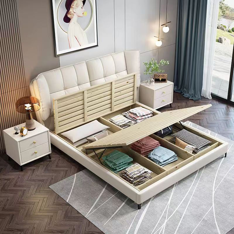 Modern Standard Bed Pine Wood Bed with Upholstered Headboard