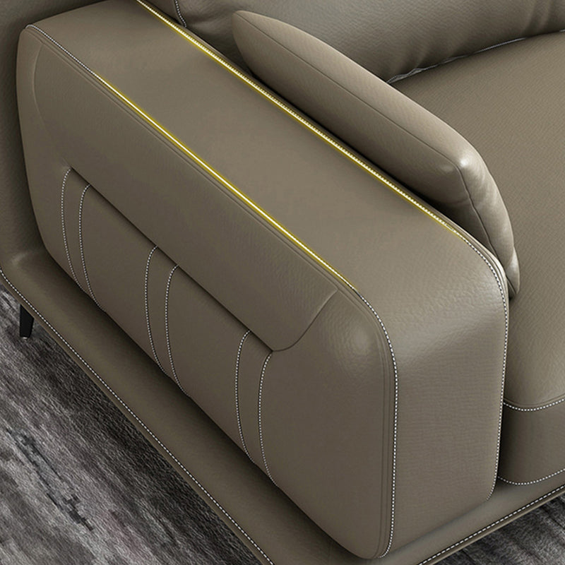 Stationary Genuine Leather Living Room Recessed Arm Pillows Sofa