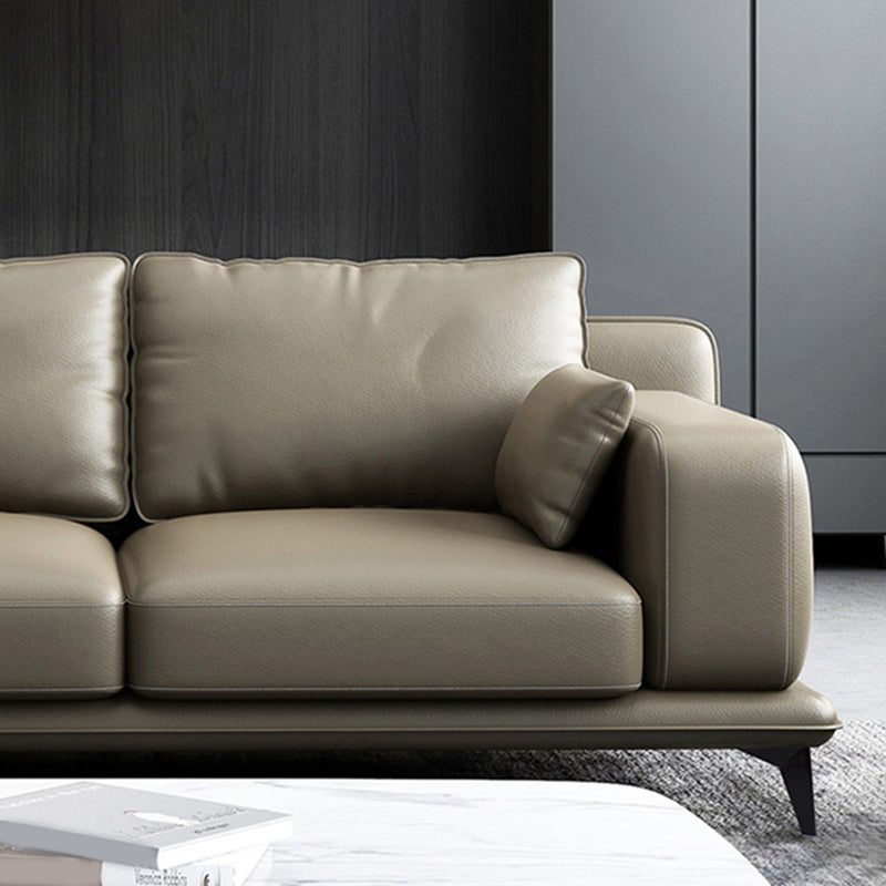 Stationary Genuine Leather Living Room Recessed Arm Pillows Sofa
