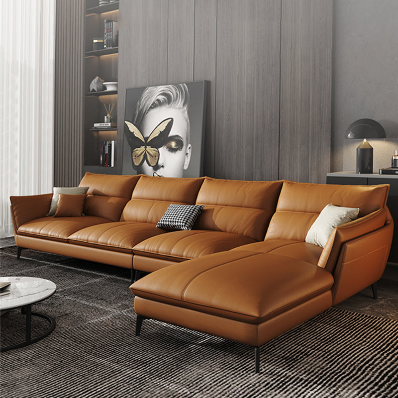 Contemporary Cushions Pillow Top Arm Living Room Genuine Leather Stationary Sofa