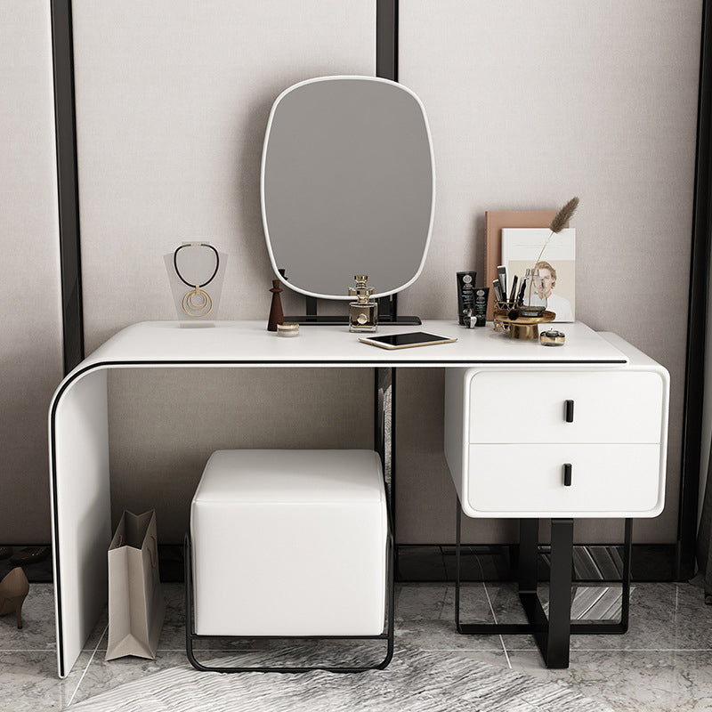 2-Drawer Vanity Set Genuine Leather & Metal Makeup Dressing Table with Mirror and Stool