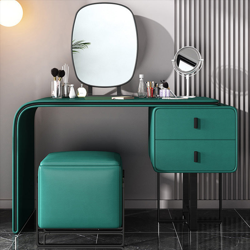 2-Drawer Vanity Set Genuine Leather & Metal Makeup Dressing Table with Mirror and Stool