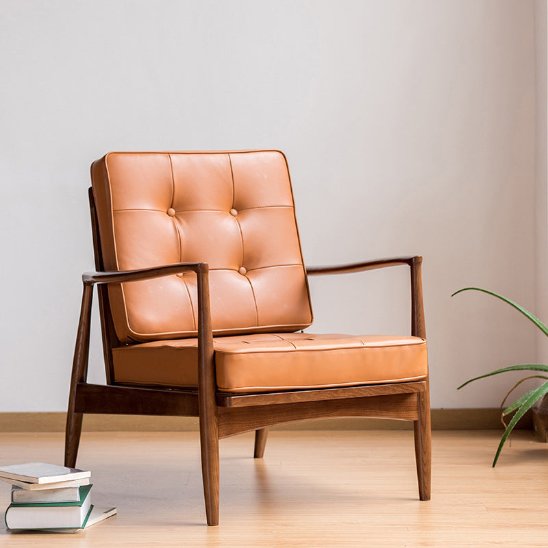 Tufted Cushions Chair Faux Leather Square Arm Chair with Brone 4 Legs
