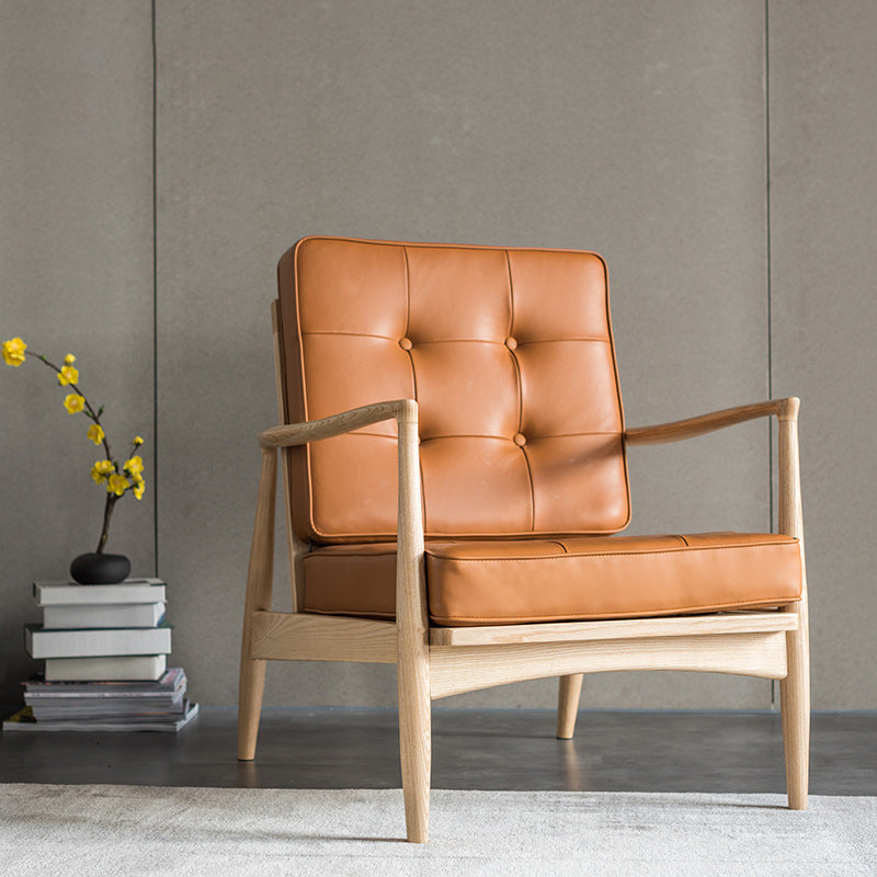 Tufted Cushions Chair Faux Leather Square Arm Chair with Brone 4 Legs