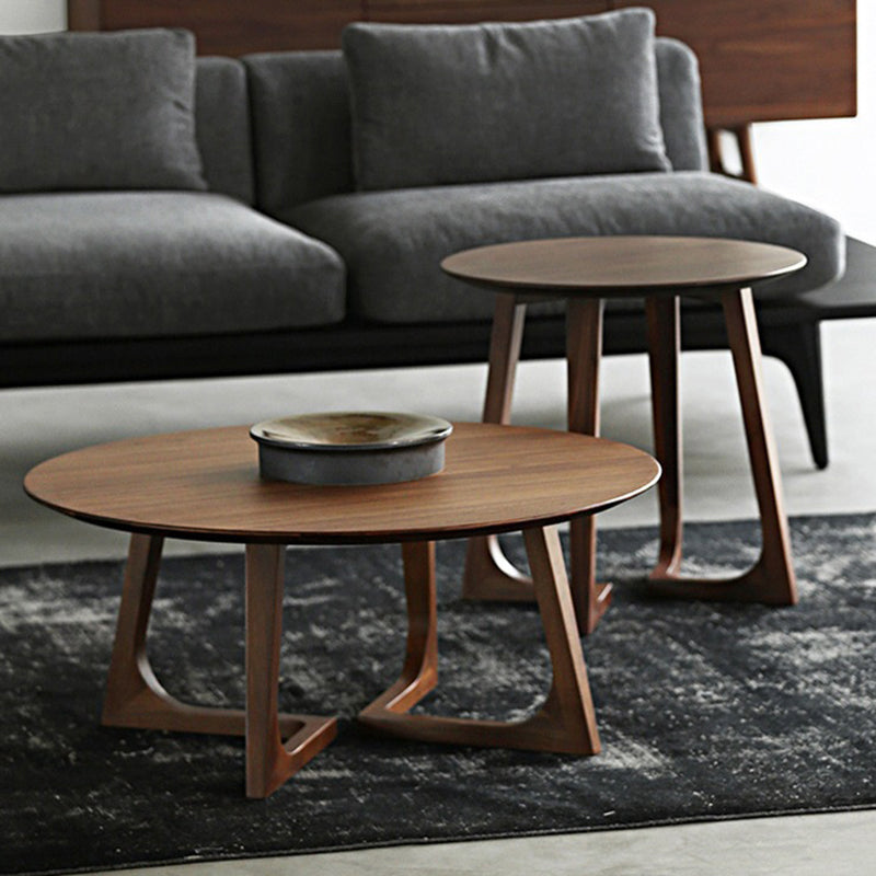 Solid Wood Round Coffee Table in Brown Scandinavian 2 Pieces Cocktail Table Set