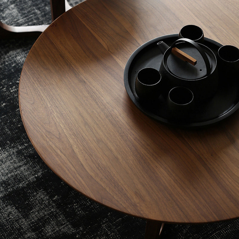 Solid Wood Round Coffee Table in Brown Scandinavian 2 Pieces Cocktail Table Set