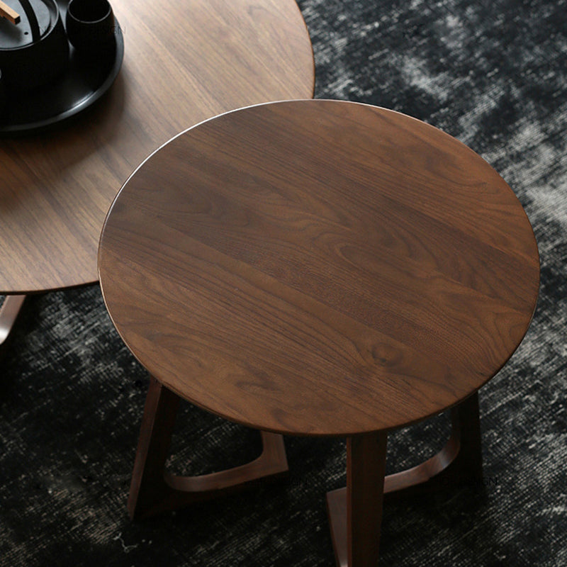 Solid Wood Round Coffee Table in Brown Scandinavian 2 Pieces Cocktail Table Set