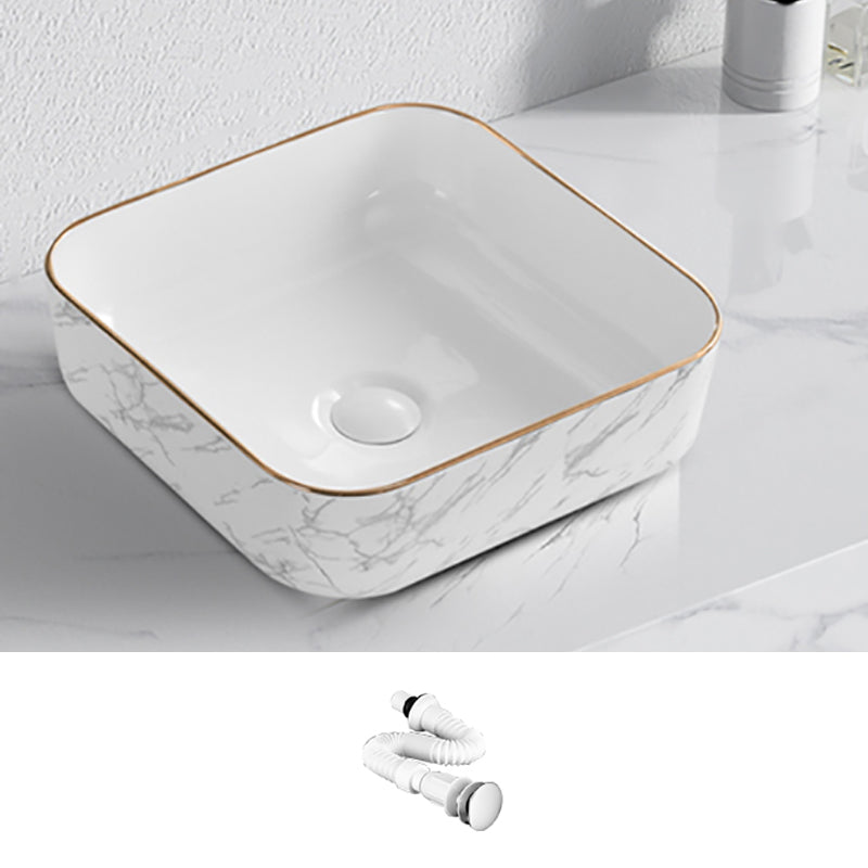 Contemporary Bathroom Sink Pop-Up Drain Porcelain Solid Color Rectangular Vessel