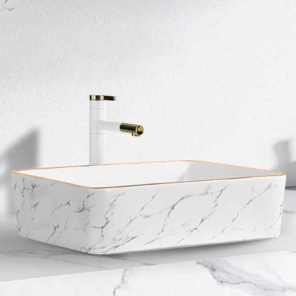 Contemporary Bathroom Sink Pop-Up Drain Porcelain Solid Color Rectangular Vessel