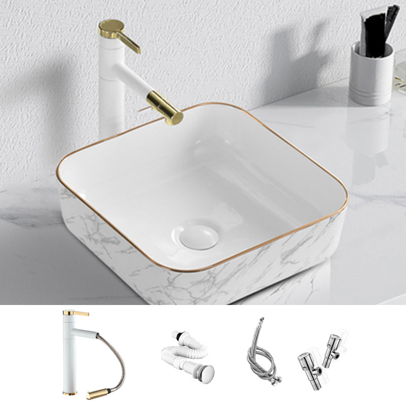 Contemporary Bathroom Sink Pop-Up Drain Porcelain Solid Color Rectangular Vessel