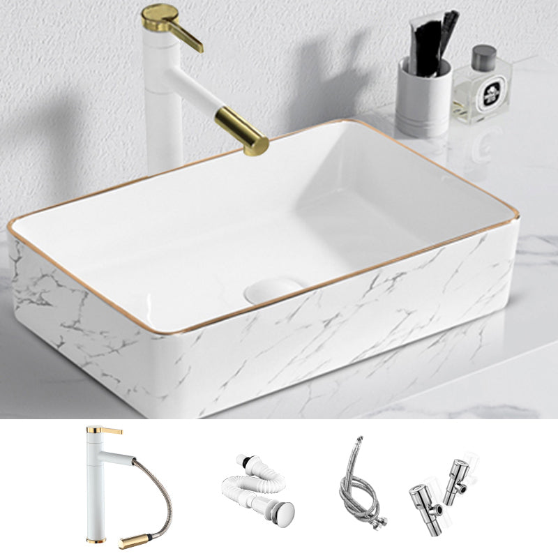 Contemporary Bathroom Sink Pop-Up Drain Porcelain Solid Color Rectangular Vessel