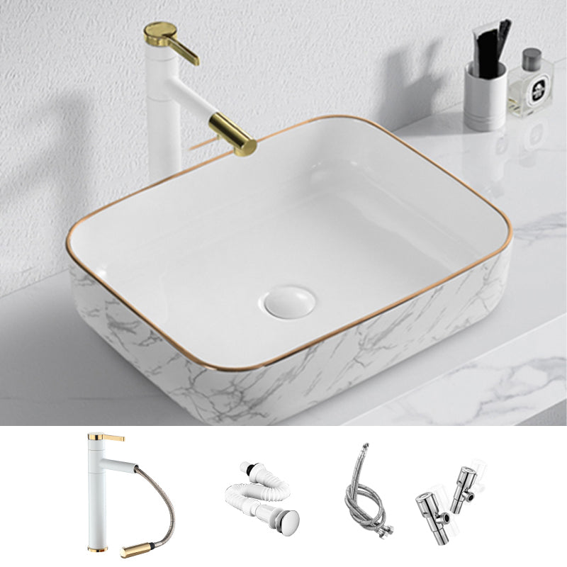 Contemporary Bathroom Sink Pop-Up Drain Porcelain Solid Color Rectangular Vessel