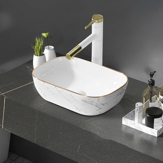 Contemporary Bathroom Sink Pop-Up Drain Porcelain Rectangular Vessel Bathroom Sink
