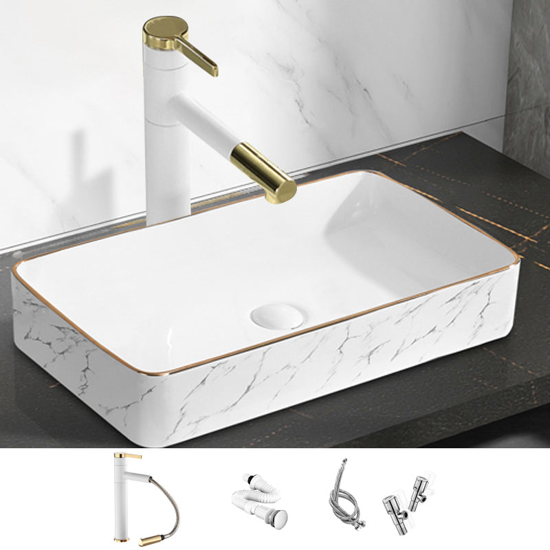 Contemporary Bathroom Sink Pop-Up Drain Porcelain Rectangular Vessel Bathroom Sink
