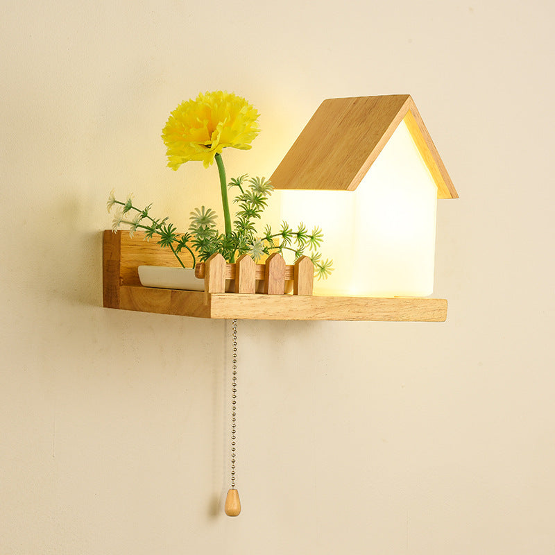 Modern Style House Shape Wall Light Wood 1 Light Sconces for Bedroom without Plant