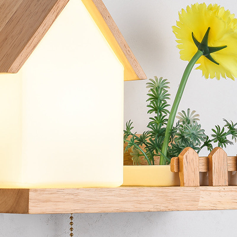 Modern Style House Shape Wall Light Wood 1 Light Sconces for Bedroom without Plant