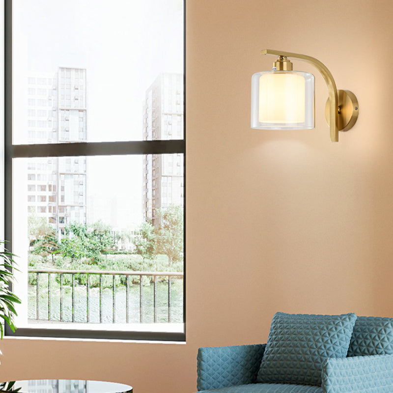 Modern Style Cylinder Shape Wall Light Glass 1 Light Sconces in Gold for Bedroom