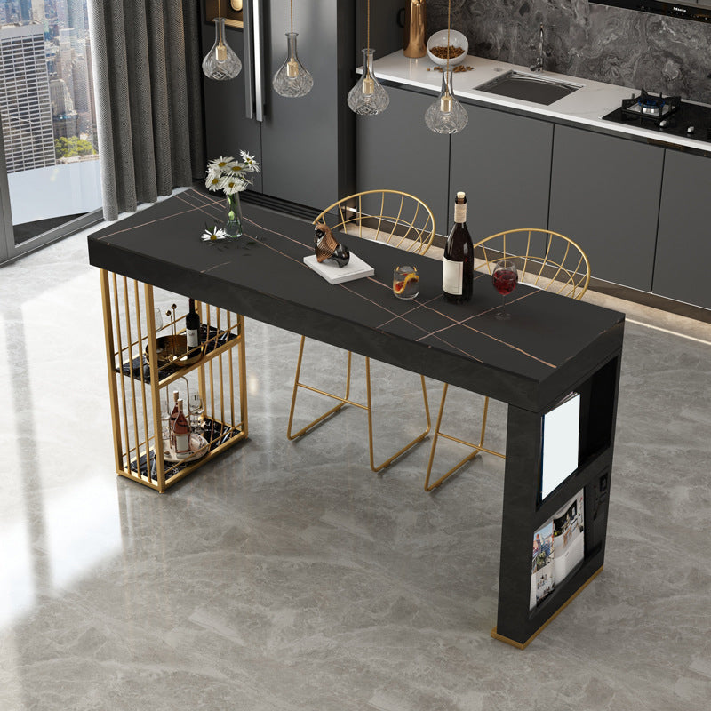 Rectangle Gold Marble and Wood Bar Living Room Pub Table with Double Pedestal