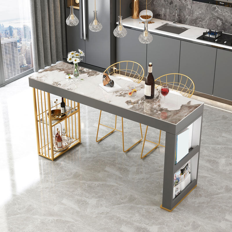 Rectangle Gold Marble and Wood Bar Living Room Pub Table with Double Pedestal